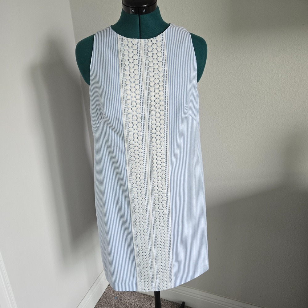 London Times Sleeveless Dress Womens 10 Blue Seersucker Eyelet Striped Shift